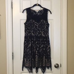 Navy lace and lined above the knee dress, EUC
